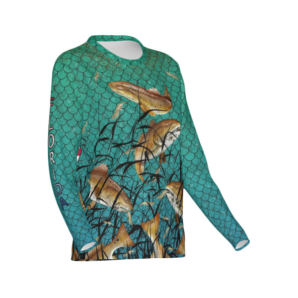 Women Florida Bull Redfish Feeding Frenzy Performance UPF+50 Crew Neck Long Sleeve Shirt