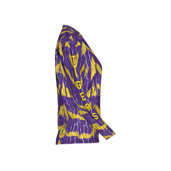 Women Purple and Gold Tigers Performance UPF+50 V-Neck Long Sleeve Shirt