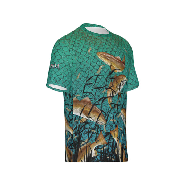Men Florida Bull Redfish Feeding Frenzy Performance UPF+50 Short Sleeve Shirt