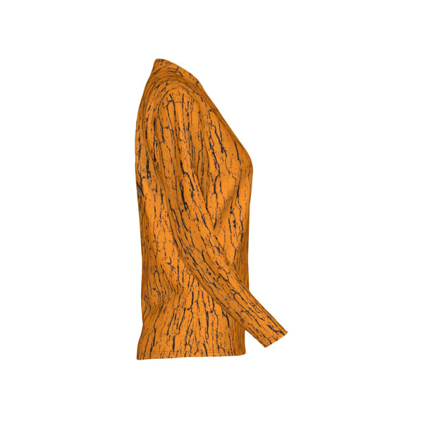 Women Blaze Orange Tree Bark Camo Performance UPF+50 V-Neck Long Sleeve Shirt